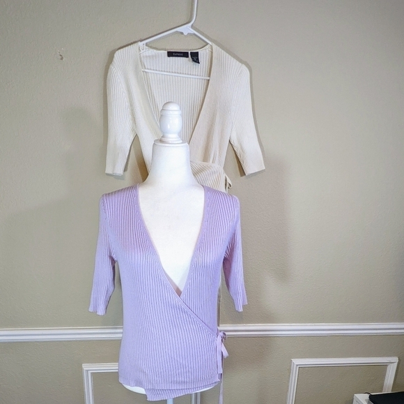 Pair of Express Side Wrap V Neck Tops in White and Lavender (x2) - Picture 1 of 5